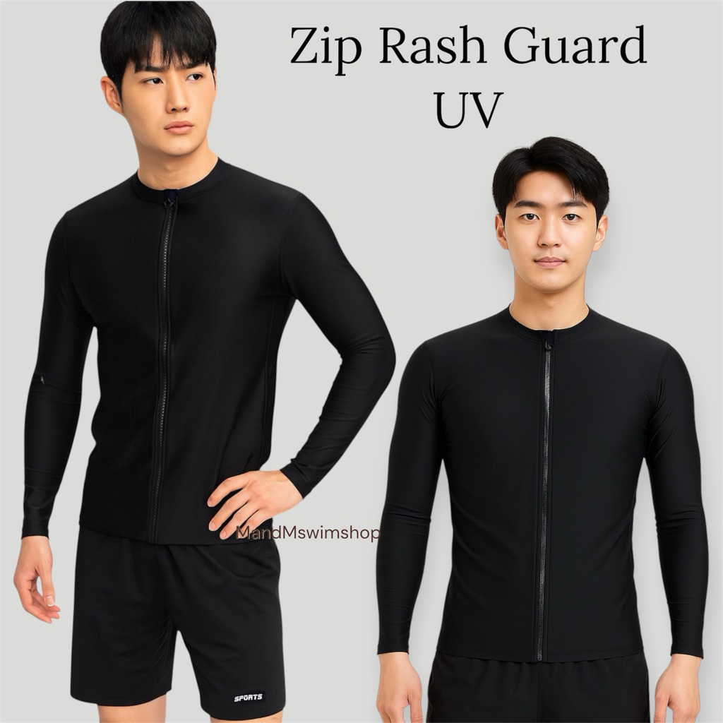 ชุดว่ายน้ำผู้ชายแบบซิปหน้ากันยูวี ใส่คู่กับ กางเกงขาสั้นประมาณเข่า เสื้อว่ายน้ำผู้ชายซิปหน้า M-4XL