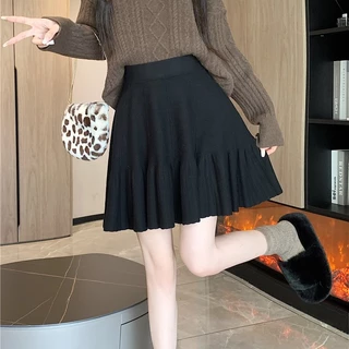 Zenmoya(7039)กระโปรงไหมพรมสั้นทรงเข้ารูป เอวสูง ปลายระบายบานสวยน่ารัก {ยาว 17”} กระโปรงเทนนิส