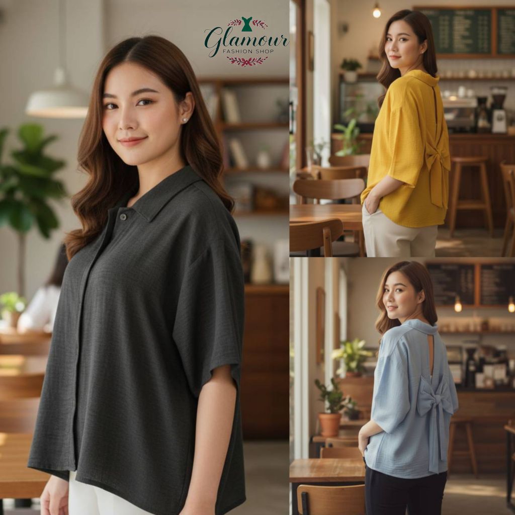 ใหม่ เสื้อเชิ้ตโบว์หลัง อก 36 - 50 นิ้ว ใส่สวย( หน้าผ้า 52 นิ้ว) เป็นผ้าโพลีเอสเตอร์เนื้อผ้านิ่มมาก.