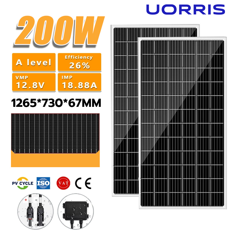 UORRIS แผงพลังงานแสงอาทิตย ์ 200 วัตต ์ Original Monocrystalline Half Cell  Vmax 12.8V Imax 18.88A
