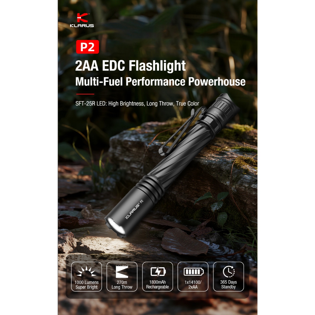 ไฟฉายทรงปากกา KLARUS P2 EDC Multi-Fuel Performance พร้อมแบตชาร์จ 1800mAh หรือแบต AA 2 ก้อน