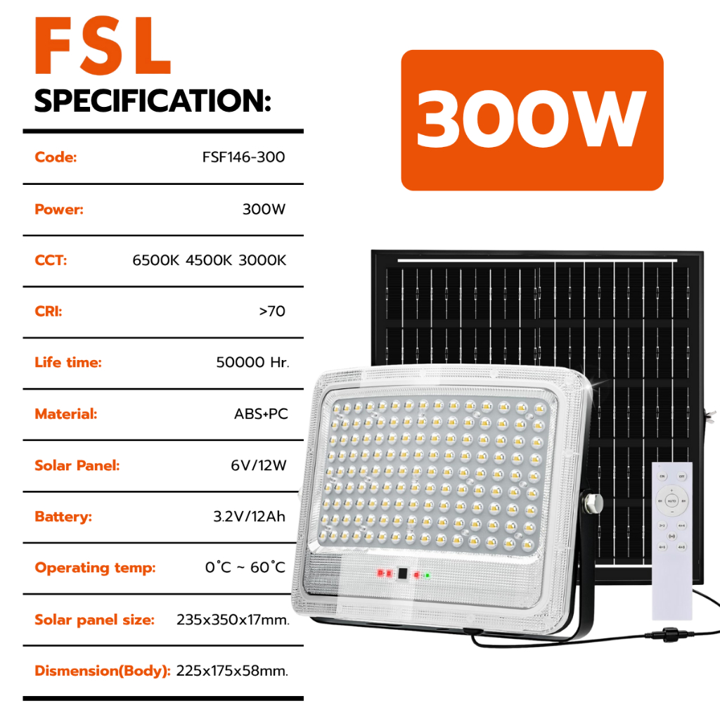 FSL สปอร์ตไลท์โซล่าเซลล์ LED FLOOD LIGHT SOLAR (รุ่นหน้าโค้ง) 200W/300W/400W/600W/800W - รูปที่ 5