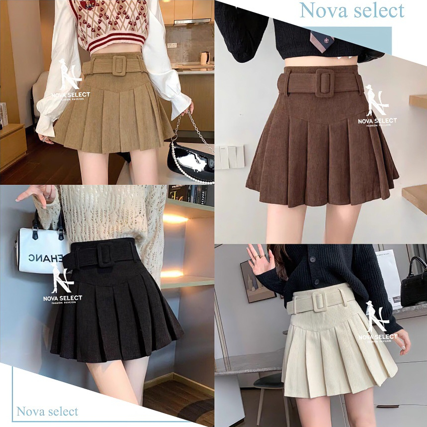 พร้อมส่ง กระโปรงลูกฟูก เอวสูง ซิปข้าง เข็มขัดผ้า จับจีบรอบตัวสีคลุมโทน แฟชั่นสไตล์ Y2K Clothing ผู้หญิง