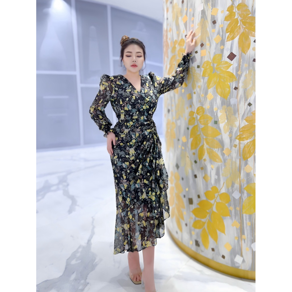 🥇Best Seller🥇เดรสยาวคอวีอกไขว้รูดข้างแขนยาวปลายแขนสม๊อคลายดอกแซ่บมาก#Maisie Shop - รูปที่ 5