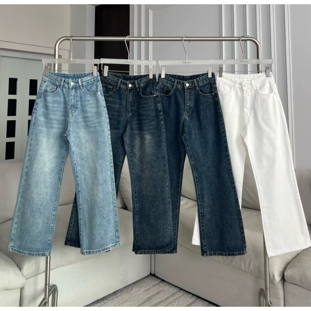 PTJ32198 Lemmi Semi- 贝 Flared กางเกงยีนส์เอวสูงทรงขาม้าโพนี่ผ้าไม่ยืด