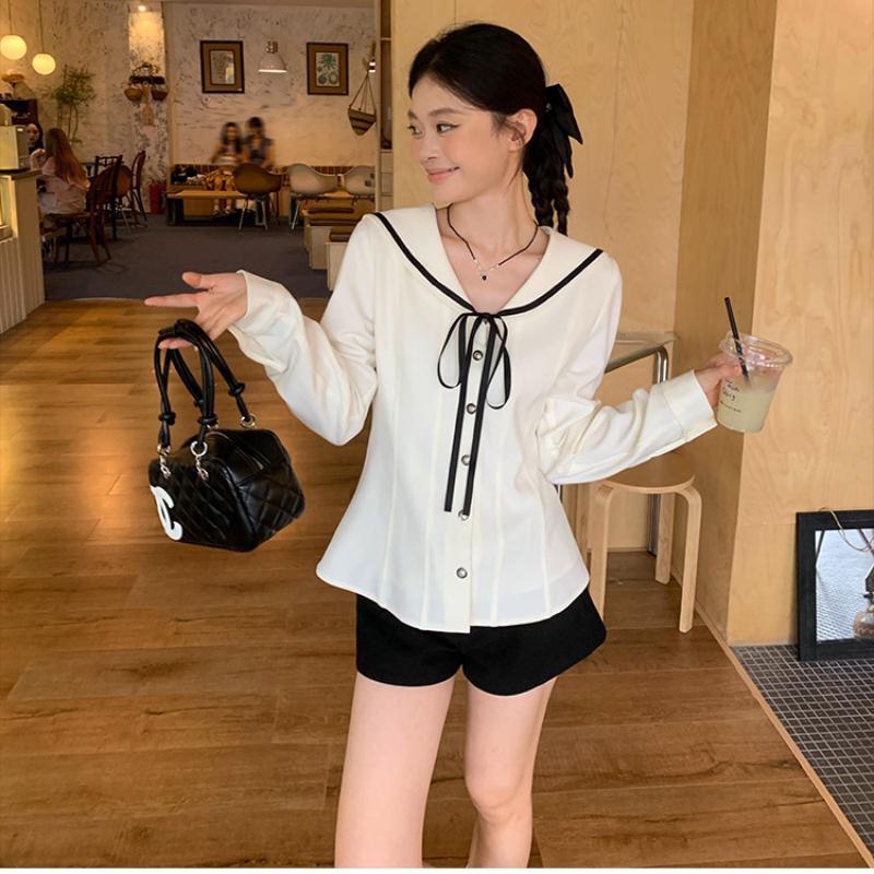 COCO-เสื้อแขนยาว ผีเสื้อ ปม ปลอกคอกองทัพเรือ ประเภทรุ่น Slim Fit หวาน น่ารัก สุภาพสตรี แฟชั่นสไตล์สบายๆ วิทยาลัย