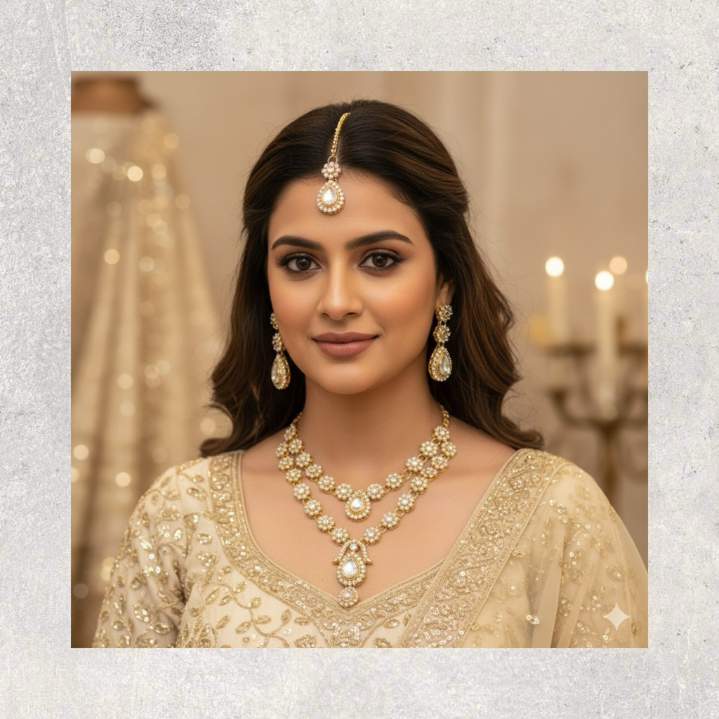 Indian Jewelry Set ชุดเครื่องประดับอินเดีย สีแดงทอง ใส่ได้ทุกโอกาส เข้ากับทุกชุด สำหรับใส่ทำบุญ งานมงคล นำเข้าจากอินเดีย