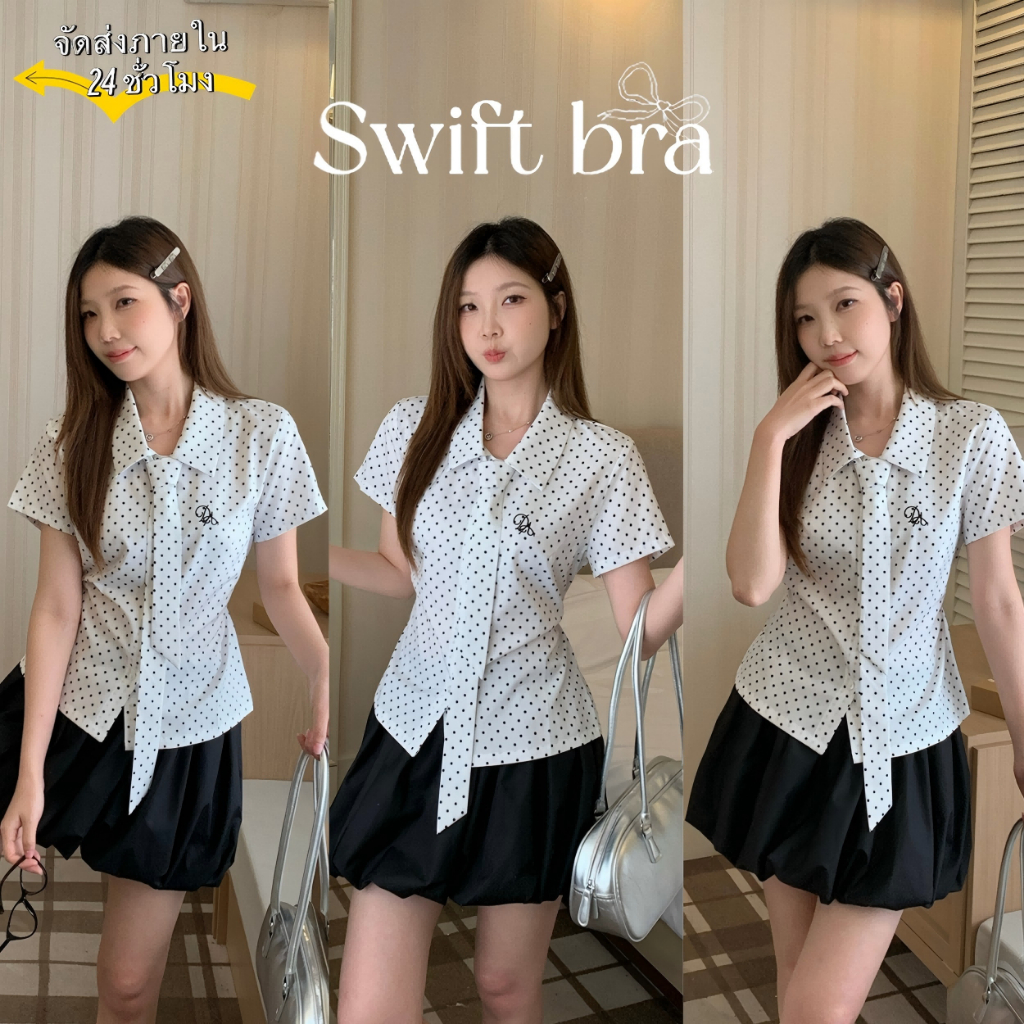 🌸Swift Bra🌸Sweet Polka Dot เสื้อเชิ้ตแขนสั้นผูกโบว์และดีเทลเย็บปักถักร้อย เสื้อเชิ้ตผู้หญิงแฟชั่น