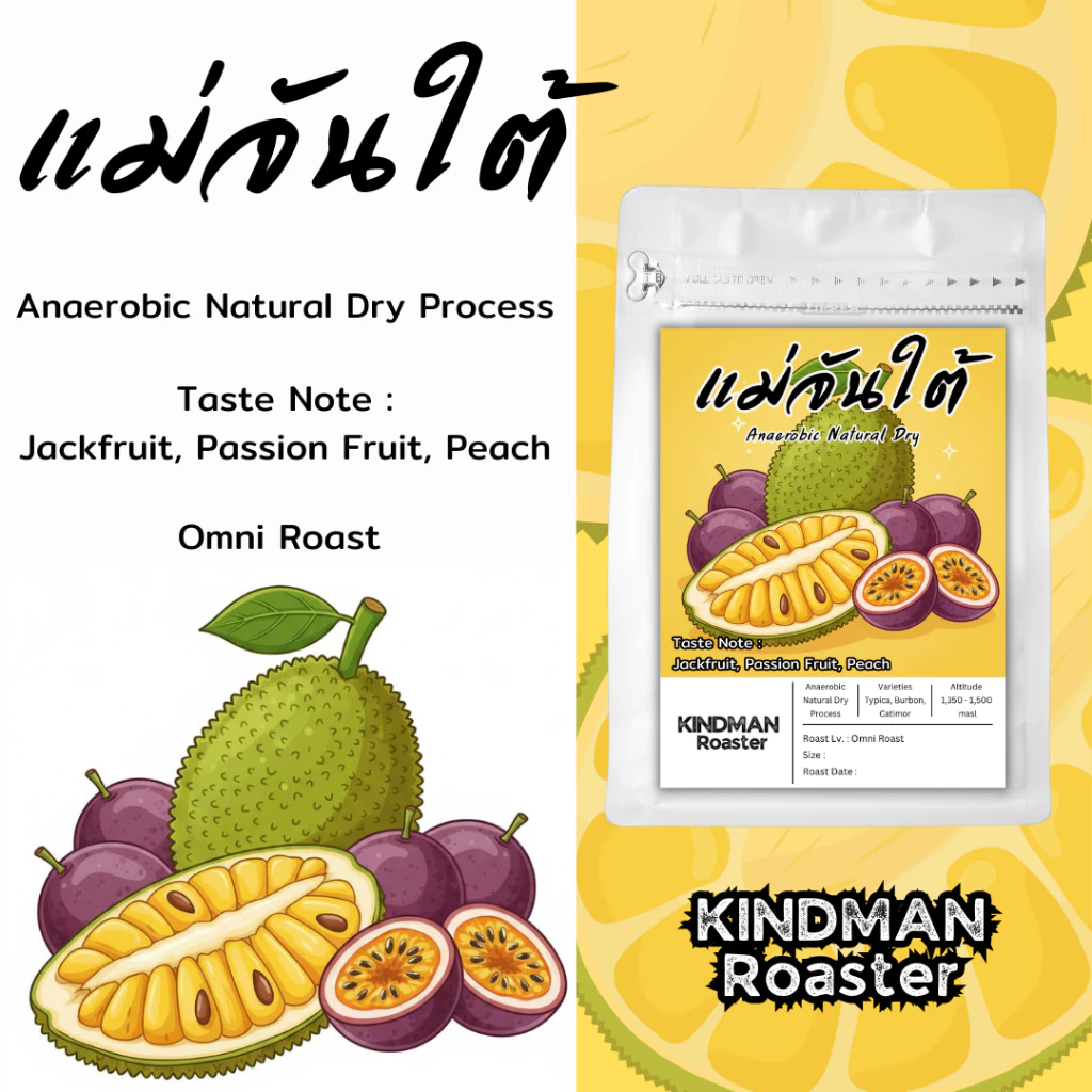 เมล็ดกาแฟพิเศษ แม่จันใต้ Anerobic Natural Dry Process หอมหวานรสชาดขนุนชัดๆ by KINDMAN Roaster