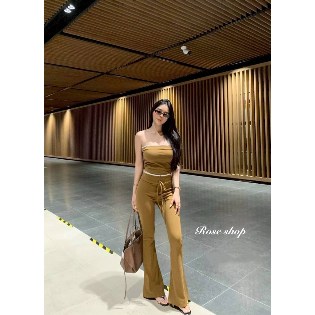 Phapassz - เซท 2 ชิ้น เกาะอกแต่งขอบ มาพร้อมกางเกงขากระดิ่งเอวลูกไม้สุดฮิต #ontop