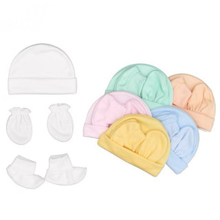 เซตหมวก 1 set ถุงมือ ถุงเท้าเด็กแรกเกิดครบเซ็ต ผ้าสีพื้นไม่ป…
