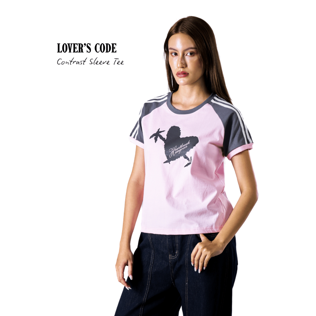BEB CLUB "LOVER's CODE" CONTRAST SLEEVE เสื้อยืดชมพูแขนตัดสีเทาลายหัวใจเบ็บคลับ