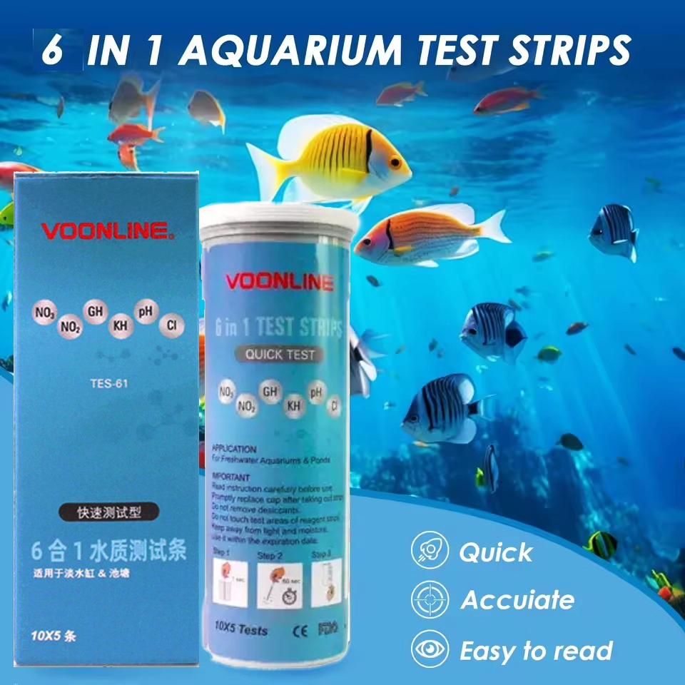 Voonline ชุดทดสอบคุณภาพน้ำตู้ปลา 6 in 1 Aquarium Water Test Strips แถบทดสอบค่าน้ำ pH NO2 NO3 GH KH C