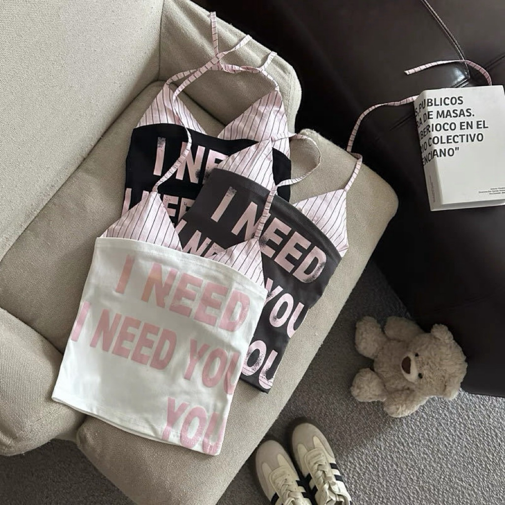 บราเกาะผูกคอ I need you สไตล์ไปเที่ยวทะเล พร้อมส่งในไทย สไตล์เกาหลี บราลายทางสีชมพู