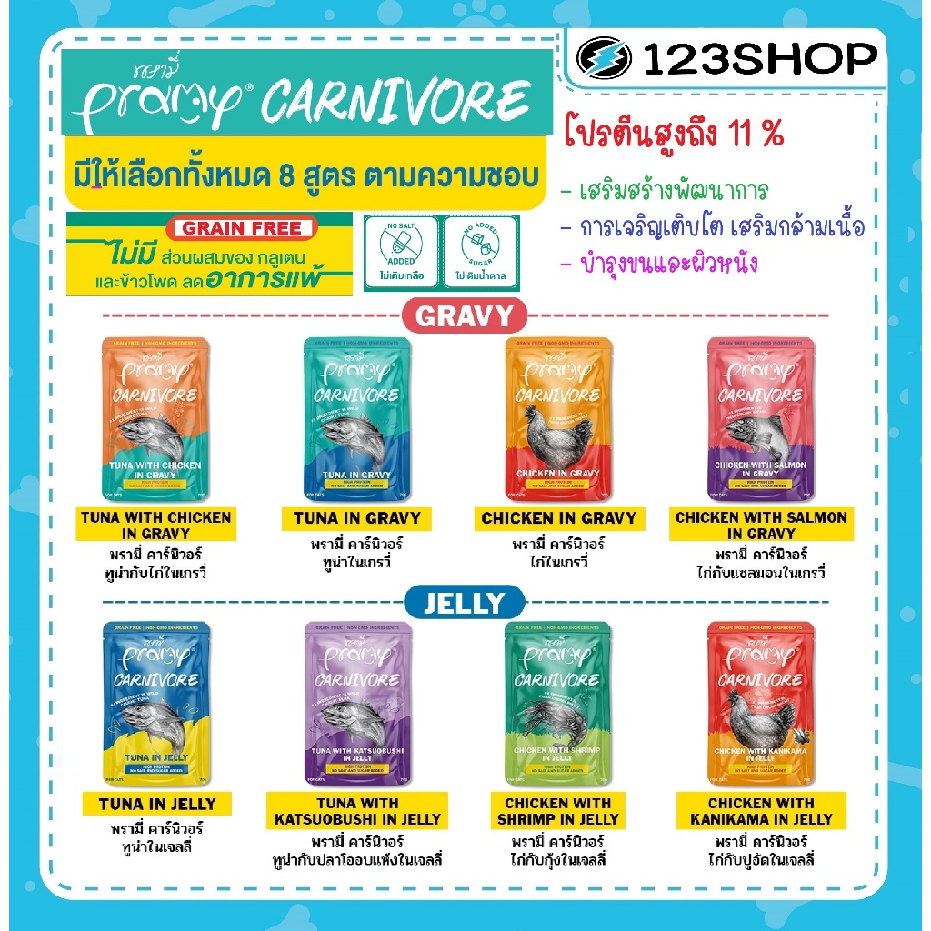 **ซื้อในไลฟ์ถูกกว่า**(12ซอง)Pramy Carnivore พรามี่ คาร์นิวอร์ อาหารเปียกแมว เกรนฟรี ขนาด 70g.