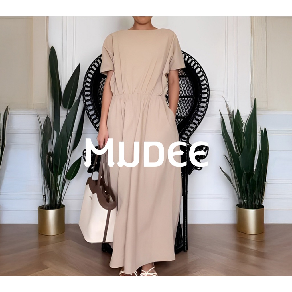 MUDEE เดรสเอวจั๊ม สีเบจ Beige Cinched-Waist Dress