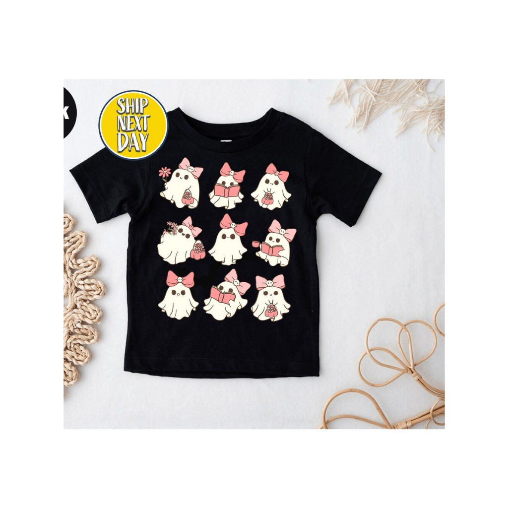 Pink Ghost Tshirt: Reading Groovy Halloween T-Shirt, Ghost Collage, Toddler Shirt, Coquette Bow Hall