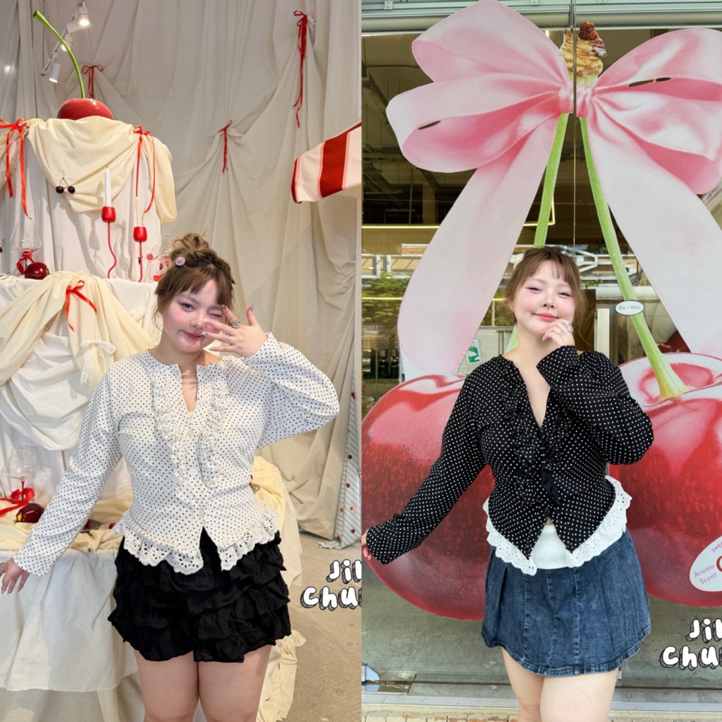 Polka Lace Blouse - เสื้อแขนยาว polka dot ระบายหน้า อก 40-52 นิ้ว เสื้อสาวอวบ ไซส์ใหญ่