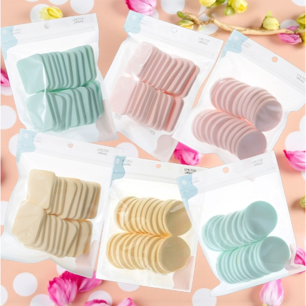 พัฟแต่งหน้า เนื้อนุ่ม ยืดหยุ่นดี สีพาสเทล (แบบกลม/เหลี่ยม) แพ็ค 20 ชิ้น ถุงซิปล็อก