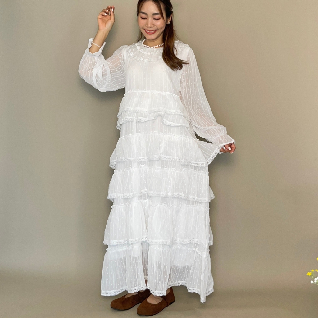 CHAWY White Daisy dream dress 👟🎨 C4718 เดรสยาวชีฟอง เดรสยาว