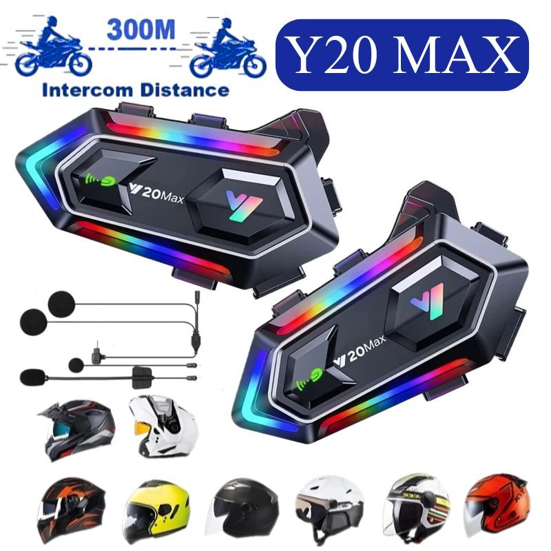 Y20 MAX สูงสุดหมวกกันน็อครถจักรยานยนต์ชุดหูฟังบลูทูธอินเตอร์คอมพร้อม ชุดหูฟังบลูทูธ 5.3 IPX6 RGB เอฟ