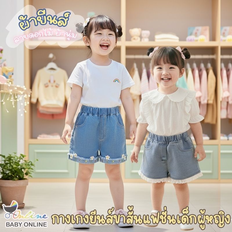 Babyonline(Y440)D2E6(ส่งด่วน1วัน)กางเกงยีนส์ขาสั้นแต่งลายลูกไม้สำหรับเด็กผู้หญิง ผ้าฝ้าย นิ่ม ใส่สบาย