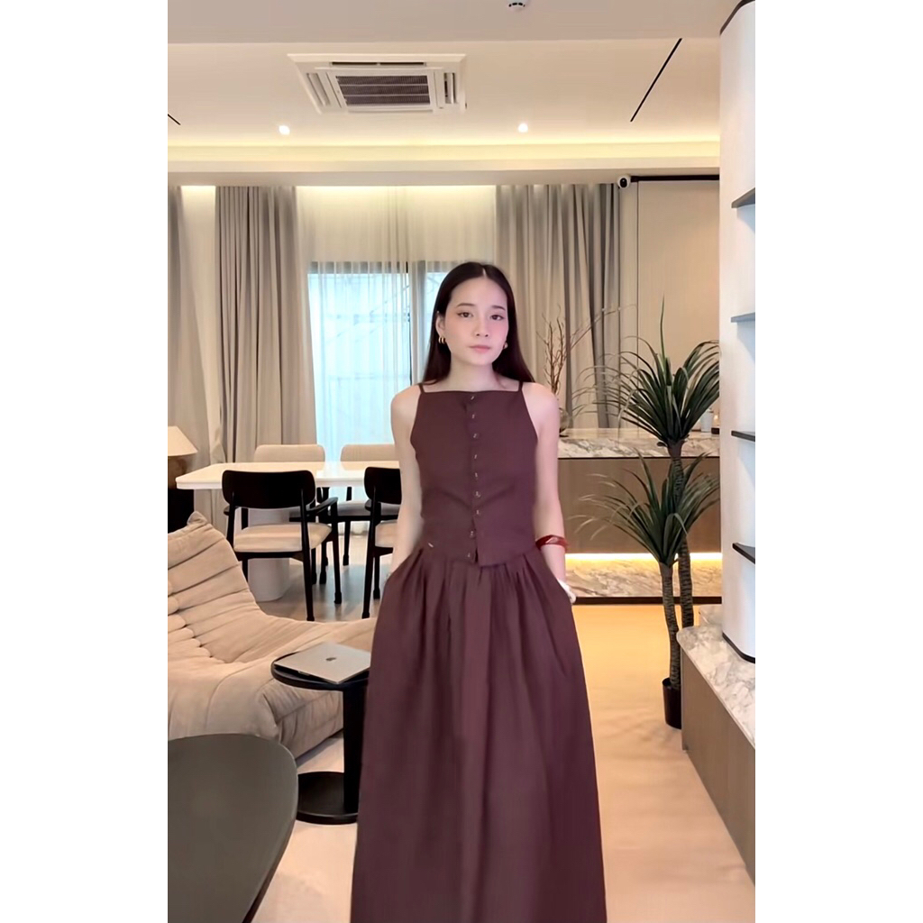 ชุดเซ็ทแบรนด์ swana.nn สีน้ำตาล ไซส์ s อก 30-34 เอว 24-27 ความยาวกระโปรง 37