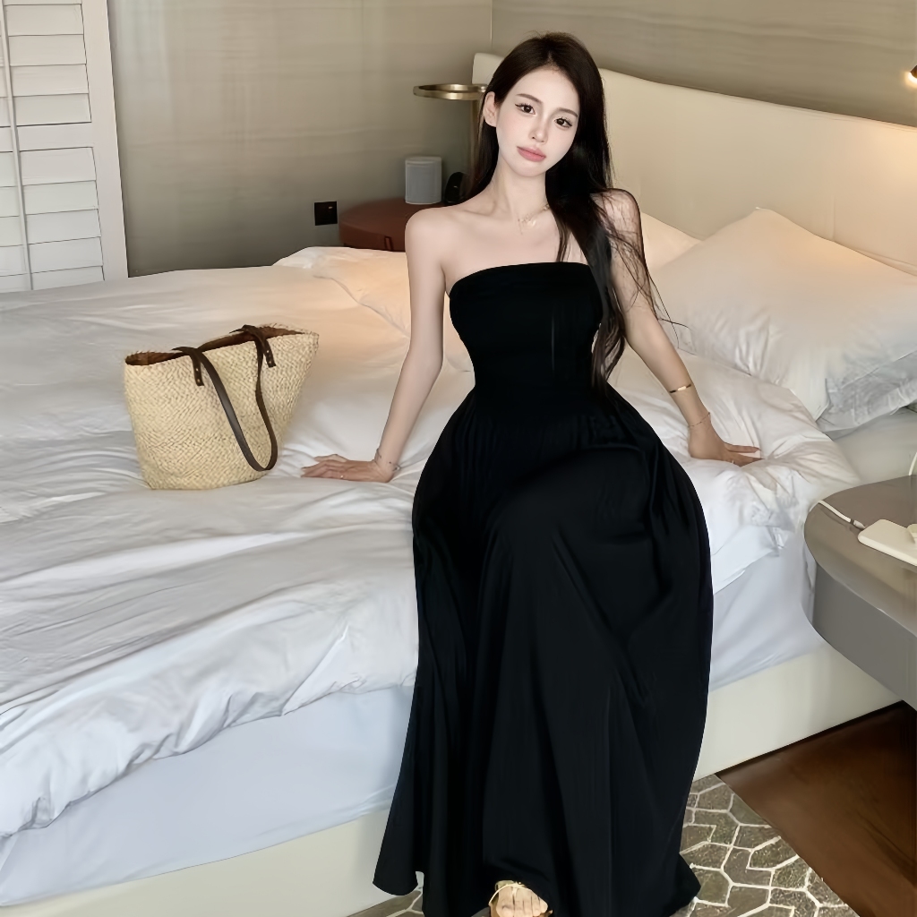 เดรสยาวเกาะอก ต่อเอวสูง  เอวยางยืด  กระโปรงทรงสุ่มปล่อย มีกระเป๋าสองข้าง Dress ออกงาน หรูหรา #A005 - รูปที่ 4