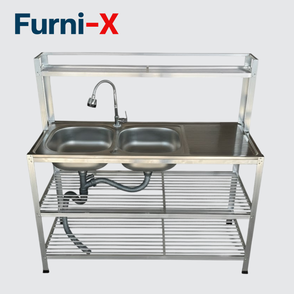 Furni-X ซิงค์ล้างจาน สแตนเลส 304 หนาพิเศษ 2 หลุม 3 ชั้น มีชั้นพักจานต่อบน ขนาด 50x120x120cm