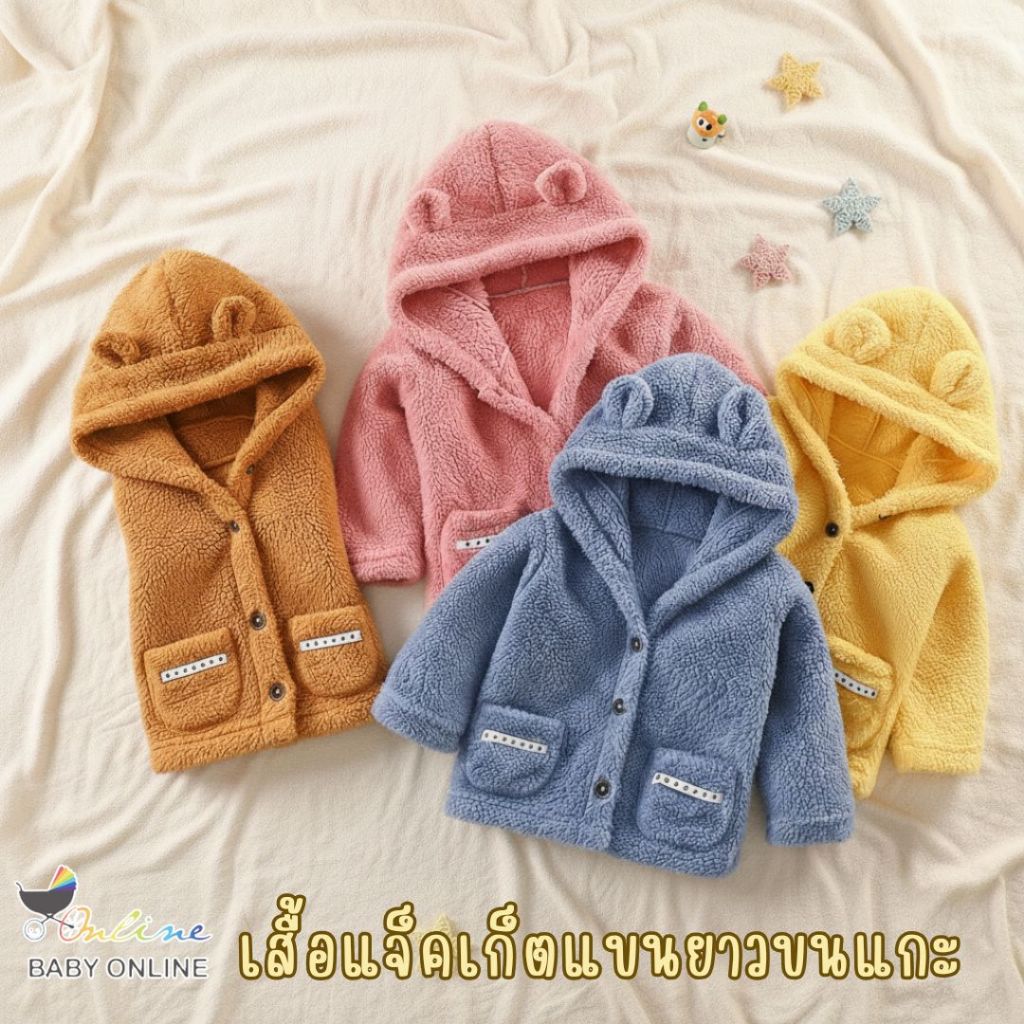 Babyonline(Y374)2H5-7 (ส่งด่วน1วัน)เสื้อแจ็คเก็ตแขนยาวมีฮู้ดแต่งหูหมีขนแกะนิ่มสำหรับเด็ก มีกระดุมหน้า มีกระเป๋า2ข้าง