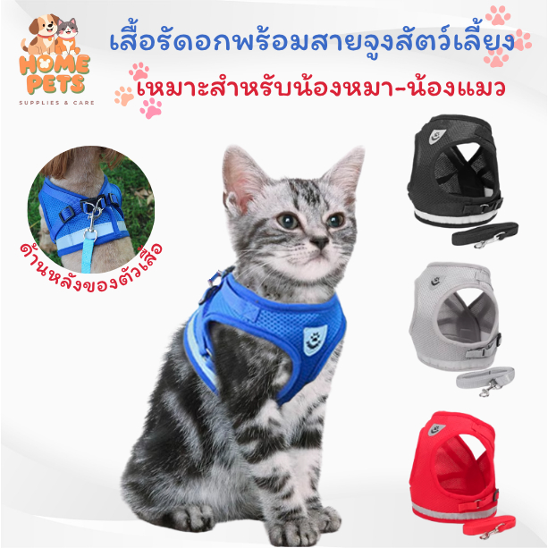 เสื้อรัดอกพร้อมสายจูงแบบสะท้อนแสง ระบายอากาศได้ดีใส่สบาย น้องหมาน้องแมวชอบ สินค้าขายดี พร้อมส่ง