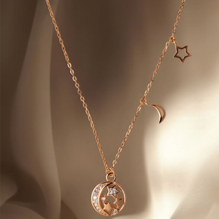 ✨Gems Joyas สร้อยคอจี้ดาวพระจันทร์เงินแท้ 92.5 (Rose Gold)✨