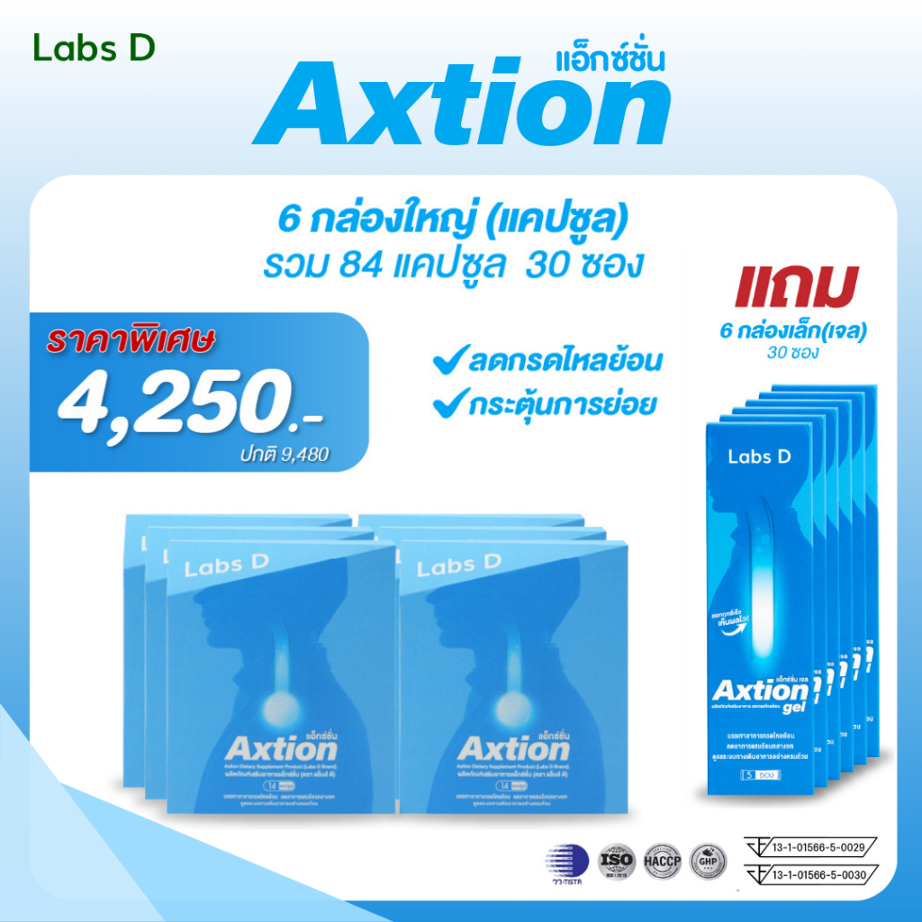 Axtion Cap [ 6 กล่องใหญ่ แถมเจล 30 ซอง ] อาหารเสริมรักษากรดไหลย้อน แน่นท้อง จุกเสียด โรคกระเพาะ เรอเปรี้ยว