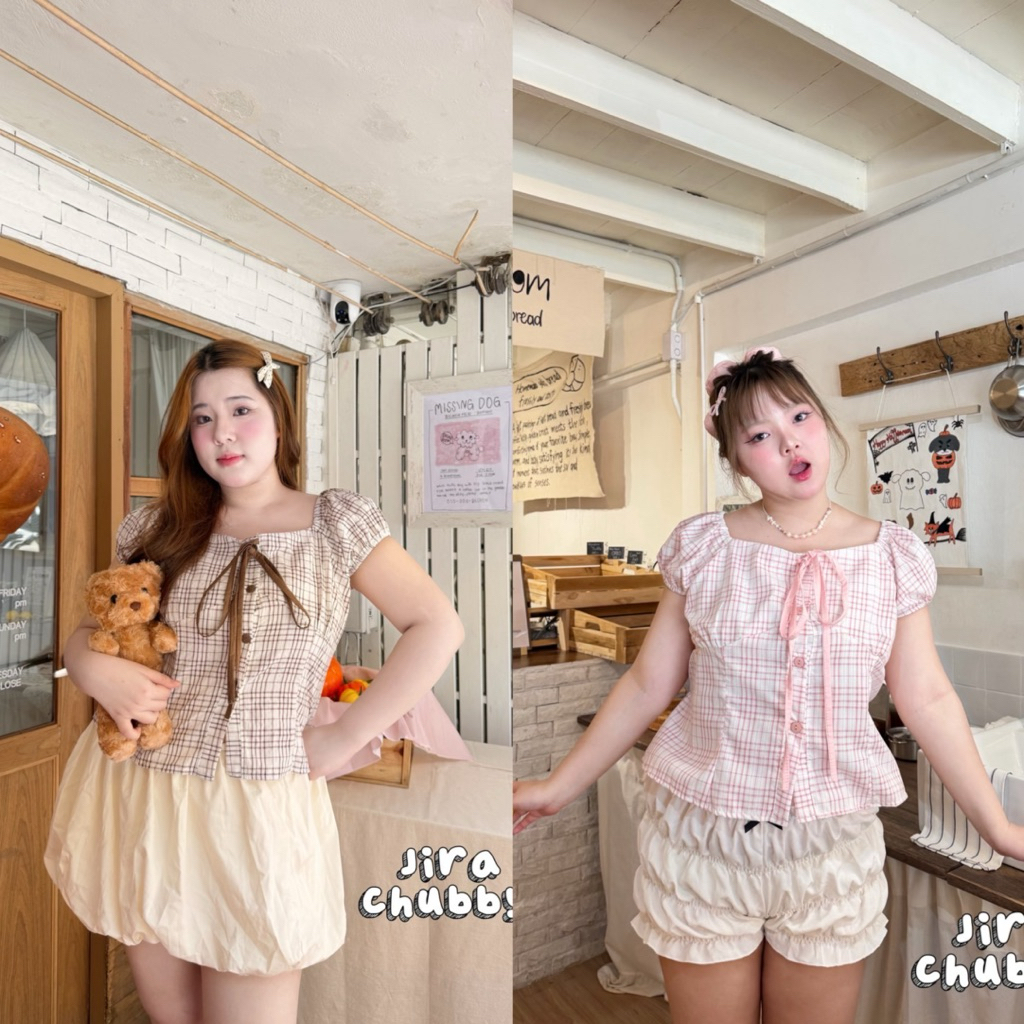 Mita top - เสื้อลายสก็อตแขนตุ๊กตา ฟรีไซส์ อก 38-50 นิ้ว เสื้อสาวอวบ อกใหญ่ใส่ได้