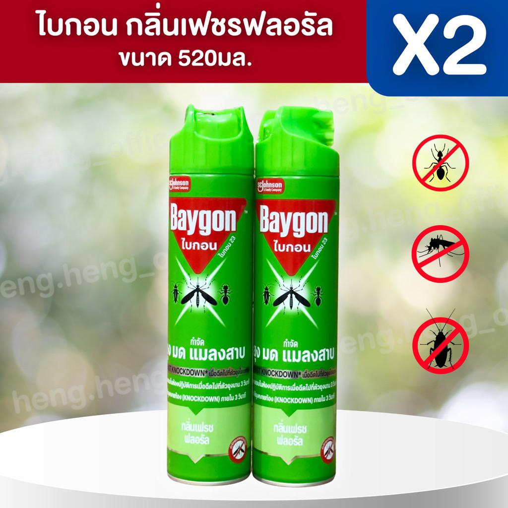 โฉมใหม่!!💚ไบกอน เขียว ผลิตภัณฑ์กำจัดแมลง สเปรย์ ขนาด 520 มล. x 2 กระป๋อง กลิ่น เฟชรฟลอรัล