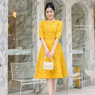DL07 (**ผ้าลัคชูลายชบา**)เดรสออกงานแขน3ส่วน ชุดทำงาน ชุดไปคาเฟ่สวยสุภาพเรียบหรู (ลงตรงไซส์)