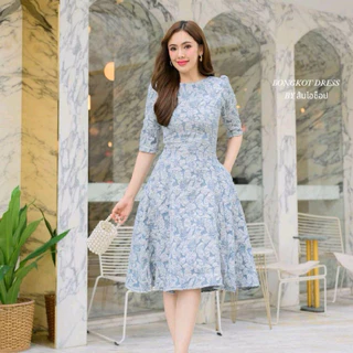 DL07 (**ผ้าลัคชูลายชบา**)เดรสออกงานแขน3ส่วน ชุดทำงาน ชุดไปคาเฟ่สวยสุภาพเรียบหรู (ลงตรงไซส์)