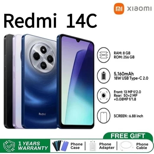 Redmi 14C 8+256 6.88" โทรศัพท์มือถือ แบตเตอรี่ 33W 5160mAh 120Hz กล้องหลัก 50 MP รับประกัน 12 เดือน