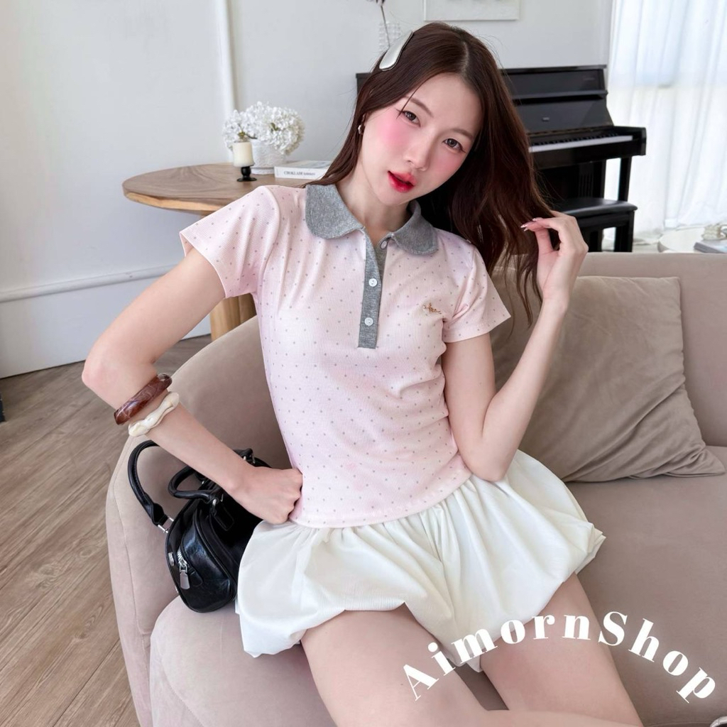 🔥aimorn_shop🔥เสื้อครอปคอปก ลายจุด งานสวยมาก ติดอะไหล่หน้าอก ผ้าใส่สบายสุดๆ แมทช์ง่าย รูปที่ 5