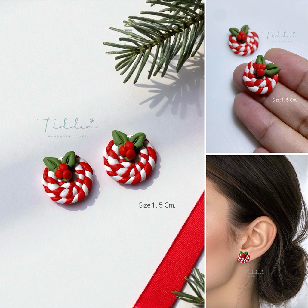 ต่างหูแฮนด์เมด Candy cane ทรงกลม Size 1.5 Cm. Nickel free Hypoallergenic ไม่แพ้ไม่คัน แพ้นิกเกิล หรือแพ้ง่าย ใส่ได้
