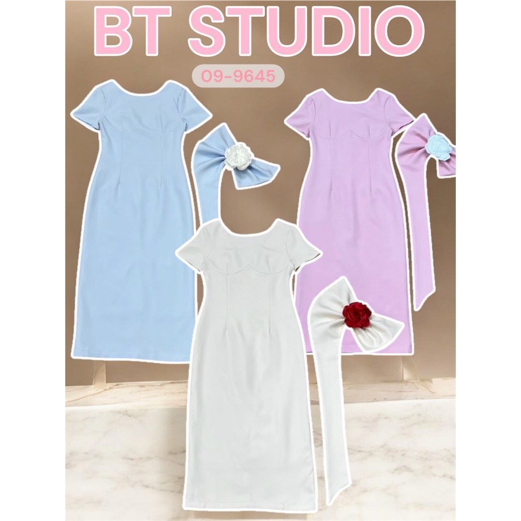 BT 09-9645 เซท 3 ชิ้น เดรสยาวดีเทลแขนสั้นคอกลม เว้าหลังมาพร้อมเข็มกลัดโบว์และดอกไม้ ใส่ออกงาน ทำงาน