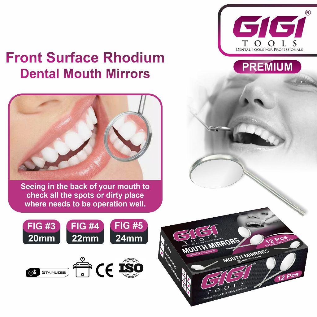 GIGI TOOLS กระจกส่องฟันเคลือบโรเดียม Front Surface (12 ชิ้น) ภาพชัดไม่หลอกตา กันฝ้า เบอร์ 3,4,5