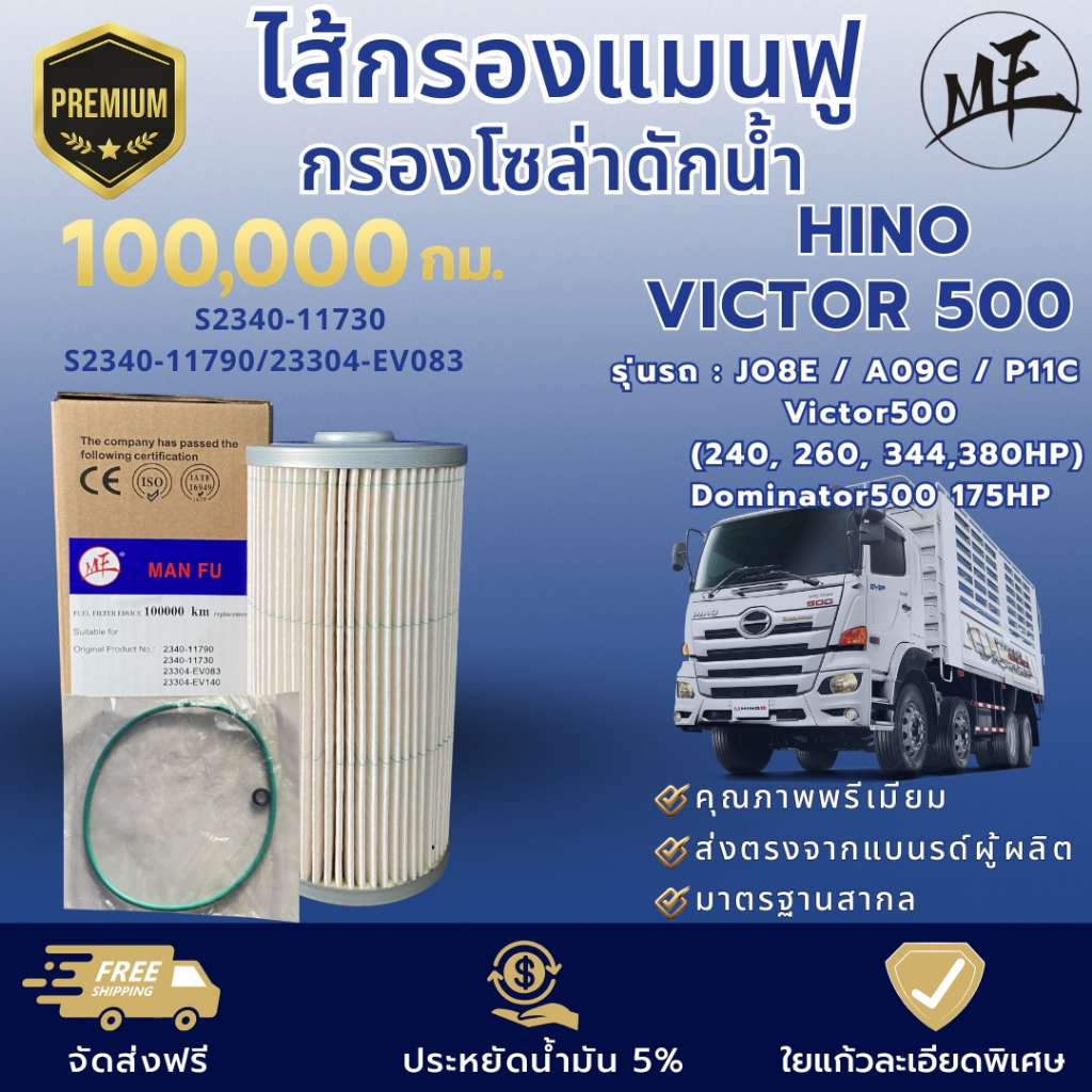 ไส้กรองแมนฟูกรองใยแก้ว กรองโซล่าดักน้ำ P11C/JO8E/A09C Victor500 (240, 260, 344HP) #S2340-11730/11790