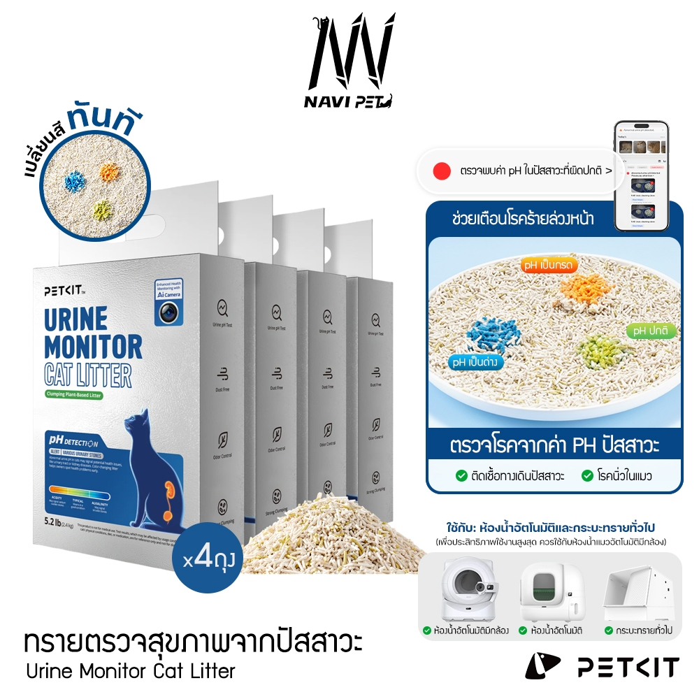 PETKIT Urine Monitor Cat Litter ทรายแมวเต้าหู้ ตรวจค่า pH ปัสสาวะสำหรับห้องน้ำอัตโนมัติและกระบะทราย(ถุงละ2.4 kg×4ถุง)