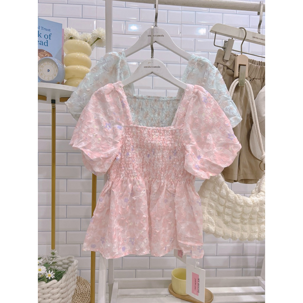 •M21• เสื้อแฟชั่นผู้หญิงแขนพองสไตล์ฤดูร้อนลายดอกไม้ผ้าเบาไม่ต้องรีบโทนสีหวาน