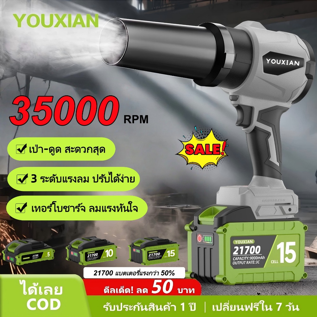 YOUXIAN เครื่องเป่าลมไร้สาย แรงสูง 1200G เป่า–ดูดได้ มอเตอร์ไร้แปรง แบตเตอรี่ลิเธียม พกพาสะดวก