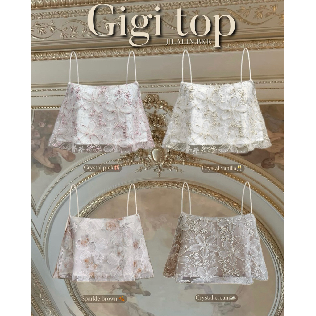 🎠Gigi top🎠 (พร้อมส่ง) สายเดี่ยวผ้าปักเลื่อม กลิตเตอร์ ดอกไม้ สายปรับได้ (450.-) JILALIN.BKK