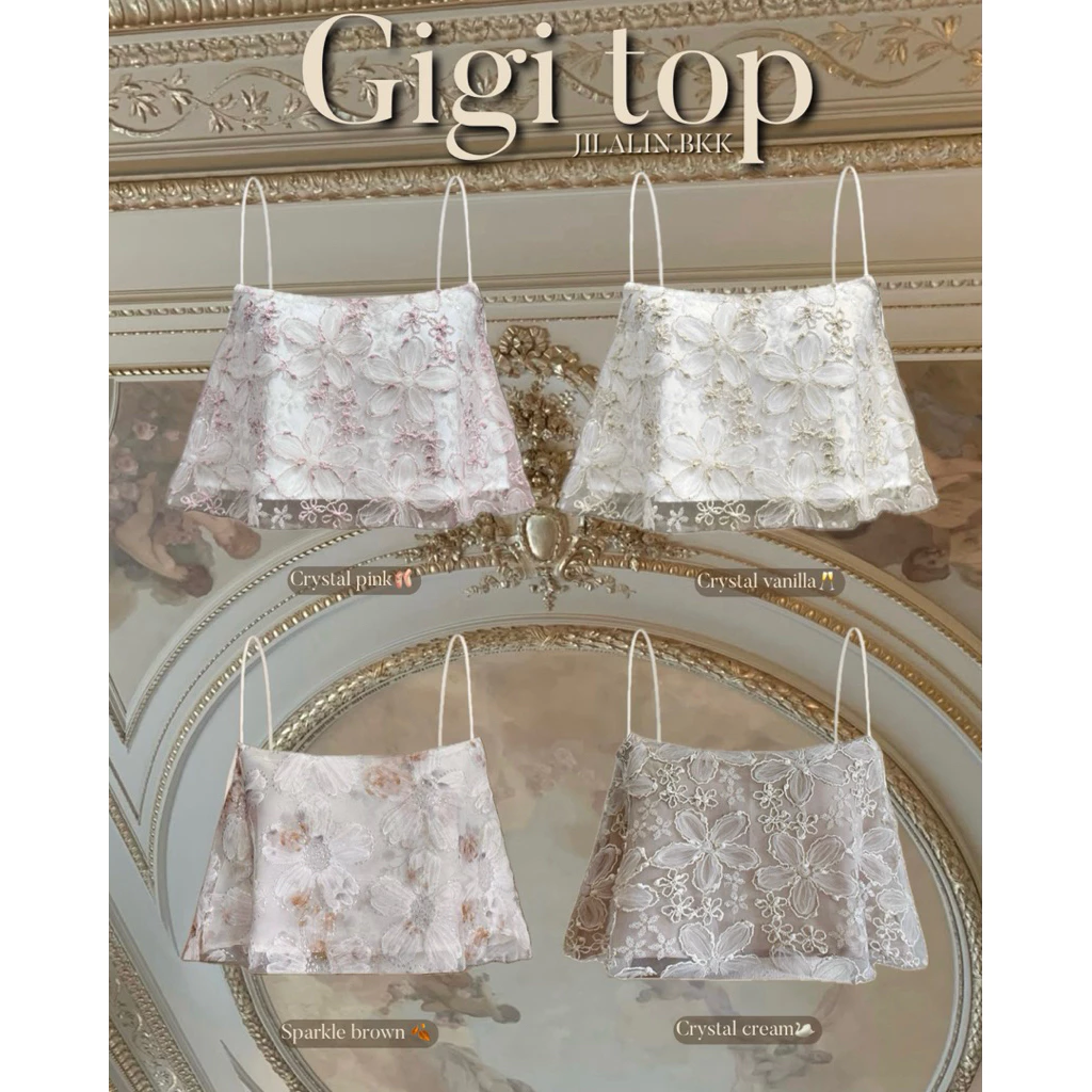🎠Gigi top🎠 (พร้อมส่ง) สายเดี่ยวผ้าปักเลื่อม กลิตเตอร์ ดอกไม้ สายปรับได้ (450.-) JILALIN.BKK