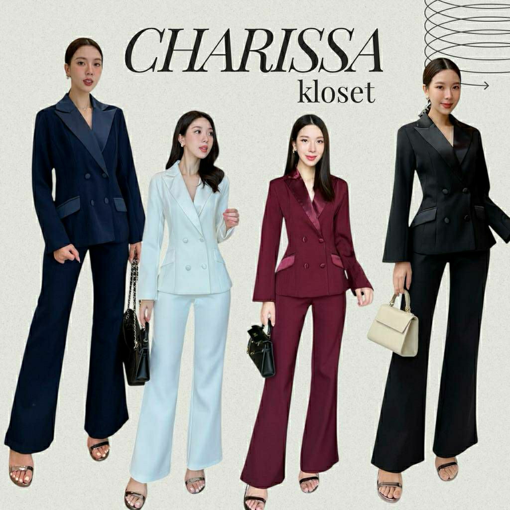 (S-XL)  CHARISSA  พร้อมส่งเซ็ทเสื้อสูทแต่งปกผ้าเงาแต่งกะดุมผ้า+กางเกงทรงเข้ารูปบานปลายเนื้อผ้าเกรดดี