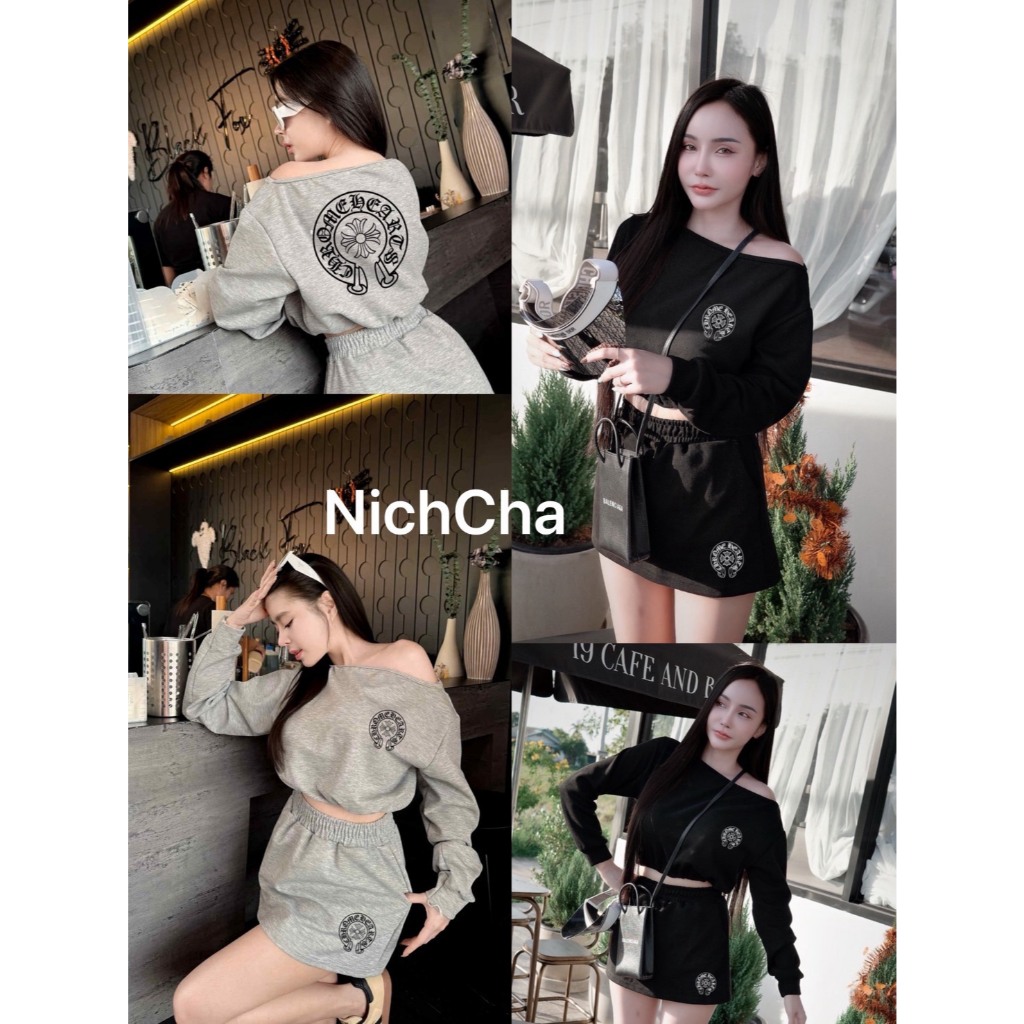 #Nichcha Set 2 ชิ้น   - เสื้อแขนยาวเปิดไหล่ครอป (รูดได้ตรงจั้ม  ครอป)  - กระโปรงสั้น มีซับกางเกง มีกระกระเป๋า